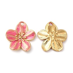 304 Stainless Steel Enamel Pendants, Real 18K Gold Plated, Flower Charm, Deep Pink, 24.5x22.5x2.5mm, Hole: 2.5mm(STAS-K256-17G-03)