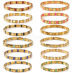 12Pcs Glass Seed Beads Stretch Bracelets for Women, Rectangle, with Synthetic Non-magnetic Hematite, Mixed Color, 6.30 inch(16cm)~6.50 inch(16.5cm)(MR9301-1)