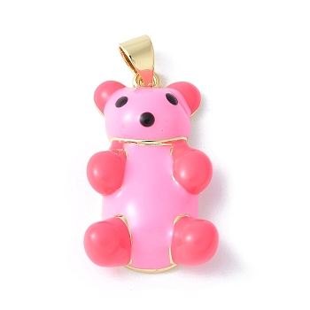 Rack Plating Brass with Enamel Pendants, with Jump Ring, Long-Lasting Plated, Lead Free & Cadmium Free, Bear, Real 18K Gold Plated, Hot Pink, 27x15.5x6.8mm, Hole: 5mm