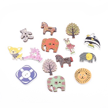 2-Hole Printed Wooden Sewing Buttons, Mixed Shapes, Mixed Color, 17~35x15.5~35x2~4mm, Hole: 1~1.8mm