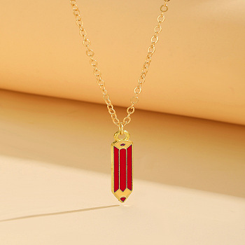 Back to School Alloy Enamel Pendant Cable Chain Necklaces, Golden, Dark Red, Pencil, 15.75 inch(40cm), pendant: 21x5mm