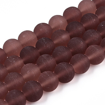Transparent Glass Beads Strands, Frosted, Round, Coconut Brown, 9.5~10mm, Hole: 1.5mm, about 41~42pcs/strand, 14.88~15.12 inch(37.8~38.4cm)