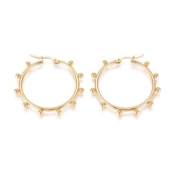 304 Stainless Steel Hoop Earrings, Hypoallergenic Earrings, with Round Beads, Ring, Golden, 42.5x39.5x3~4mm, Pin: 0.5x0.9mm