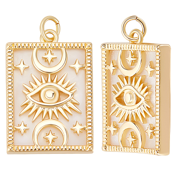 5Pcs Natural Shell Pendants, with Brass Findings, Rectangle with Eye & Moon & Star Charm, Golden, 24.5x16.5x4.5mm, Jump Ring: 5.5x1mm, Hole: 3.5mm