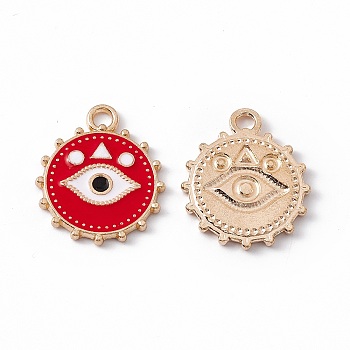 Alloy Enamel Pendants, Light Gold, Flat Round with Eye Pattern, Red, 21.5x18x2mm, Hole: 2.5mm