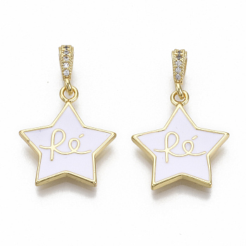 Brass Micro Pave Cubic Zirconia Pendants, with Enamel, Nickel Free, Star with Word Re, Real 16K Gold Plated, White, 19x17.5x2mm, Hole: 2.5mm