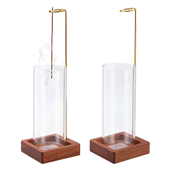 Transparent Glass Incense Holder, with Wood Base and Iron Clip, Home Office Teahouse Zen Buddhist Supplies, Golden, Column, 150x60.5mm