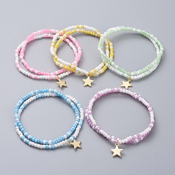 Glass Seed Beaded Kids Stretch Bracelets, Stackable Bracelets, with Star Brass Charms, Mixed Color, 2 inch(5cm), 2pcs/set