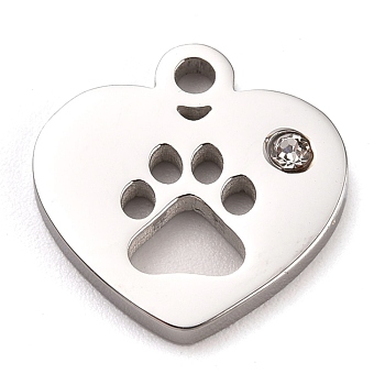 304 Stainless Steel Charms, Manual Polishing, with Crystal Rhinestone, Heart with Dog Paw Printed, Stainless Steel Color, 12x12x1.2mm, Hole:1.8mm
