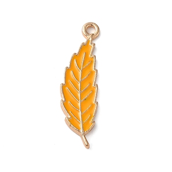 Thanksgiving Day Theme Alloy Enamel Pendants, Golden, Leaf Charm, Orange, 28x8x1.5mm, Hole: 1.6mm