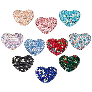 Elite 10Pcs 10 Color Heart Handmade Polymer Clay Rhinestone Beads, for Bubblegum Jewelry, Mixed Color, 24x19x13mm, Hole: 1.8mm, 1Pc/color