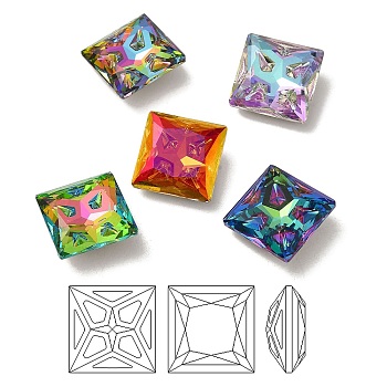 K9 Glass Rhinestone Cabochons, Point Back & Back Plated, Faceted, Square, Mixed Color, 12x12x5.5mm