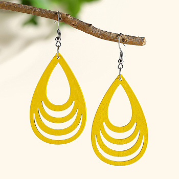 Hollow Out Teardrop Wood Dangle Earrings, Platinum, Gold, 77x34mm
