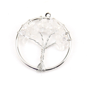 Natural Quartz Crystal Tree fo Life Pendants, Iron Ring Chip Gems Tree Charms, Platinum, 30mm