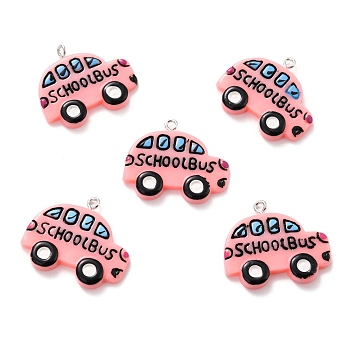 Resin Pendants, with Platinum Tone Iron Loop, School Bus with Word, Pink, 25.5x29.5x4mm, Hole: 2mm