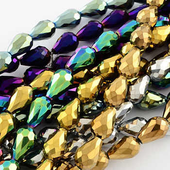 Electroplate Glass Bead Strands, Faceted, teardrop, Mixed Color, 16x10mm, Hole: 1mm, about 50pcs/strand, 31.5 inch