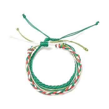 3Pcs 3 Style Waxed Polyester Braided Bracelets Sets, Multi-string Cord Bracelets for Women, Green, Inner Diameter: 2-1/4~3-3/8 inch(5.7~8.6cm), 1Pc/style