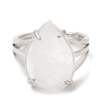 Natural Quartz Crystal Teardrop Adjustable Rings, Platinum Brass Ring, Lead Free & Cadmium Free, US Size 7(17.3mm)