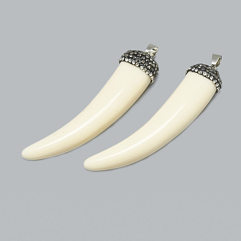 Resin Big Pendants, with Rhinestone and Brass Findings, Tusk Shape, Platinum, Creamy White, 69~75x17x15mm, Hole: 7x3.5mm