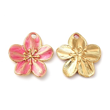 304 Stainless Steel Enamel Pendants, Real 18K Gold Plated, Flower Charm, Deep Pink, 24.5x22.5x2.5mm, Hole: 2.5mm