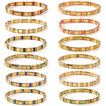 12Pcs Glass Seed Beads Stretch Bracelets for Women, Rectangle, with Synthetic Non-magnetic Hematite, Mixed Color, 6.30 inch(16cm)~6.50 inch(16.5cm)