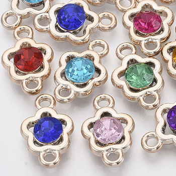 UV Plating ABS Plastic Links connectors, with Acrylic Rhinestone, Light Gold, Flower, Mixed Color, 24x15x7mm, Hole: 3mm