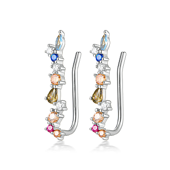 Rhodium Plated 925 Sterling Silver Micro Pave Clear Cubic Zirconia Rainbow Climber Earrings, Fall Season Ear Climber Earrings, Platinum, 19x4mm