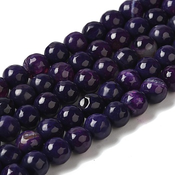 Dyed & Heated Natural Banded Agate Beads Strands, Faceted, Round, Indigo, 7.5~8mm, Hole: 1.2mm, about 48pcs/strand, 14.17''(36cm)