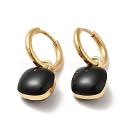 Enamel Square Padlock Dangle Hoop Earrings, Golden 304 Stainless Steel Jewelry for Women, Black, 24mm, Pin: 1mm(STAS-H175-22G-B)