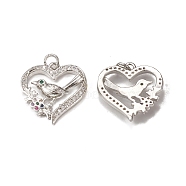 Brass Micro Pave Cubic Zirconia Bird Pendants, with Jump Ring, Heart with Magpie & Plum Blossom Charm, Platinum, 20.5x20x3mm, Hole: 3mm(KK-E068-VB009)