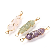 Natural Mixed Gemstone Links Connectors, with Real 18K Gold Plated Eco-Friendly Copper Wire, Double Pointed, Bullet, 49x11mm, Hole: 4mm, 3pcs/set(PALLOY-JF00922)