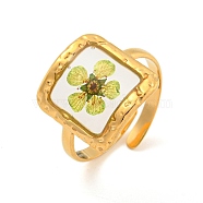 304 Stainless Steel Open Cuff Rings, Plastic and Dried Flower Ring for Women, Golden, Square, Adjustable.(RJEW-F158-05G-02)