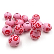 Printed Wood Beads, Round Valentine's Day Beads, Hot Pink, 16mm(WOOD-CJC0008-01C)