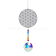 Metal Big Pendant Decorations, Hanging Sun Catchers, Chakra Theme K9 Crystal Glass, Flat Round with Flower of Life, Colorful, 41cm(HJEW-PW0001-007A)