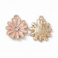 Alloy Rhinestone Pendants, Enamel Style, Light Gold, Chrysanthemum Charm, Pink, 17x14x2.5mm, Hole: 1.5mm(PALLOY-P287-01LG-01)