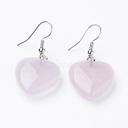 Natural Rose Quartz Dangle Earrings, with Brass Finding, Heart, Platinum, 39~41mm, 19~21x7~8mm, Pin: 0.7mm(EJEW-E218-05P)