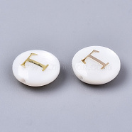 Natural Freshwater Shell Beads, with Golden Plated Brass Etched Metal Embellishments, Flat Round, Seashell Color, Letter.T, 8x3~5mm, Hole: 0.5~07mm(SHEL-S266-12T)