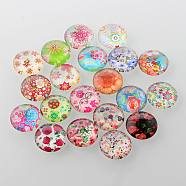 Half Round/Dome Floral Printed Glass Cabochons, Mixed Color, 20x6mm(GGLA-A002-20mm-UU)