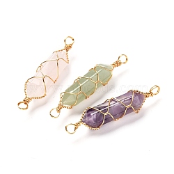 Natural Mixed Gemstone Links Connectors, with Real 18K Gold Plated Eco-Friendly Copper Wire, Double Pointed, Bullet, 49x11mm, Hole: 4mm, 3pcs/set(PALLOY-JF00922)