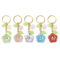 Flower Acrylic Imitation Gemstone Pendant Keychain, with Alloy Enamel Charm and Iron Split Key Rings, Mixed Color, 8cm(KEYC-JKC00692)