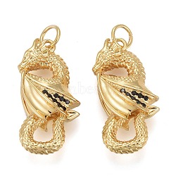 Brass Micro Pave Black Cubic Zirconia Pendants, with Jump Rings, Long-Lasting Plated, Dragon Shape, Real 18K Gold Plated, 24x12x7mm, Hole: 3mm(KK-F821-39G)