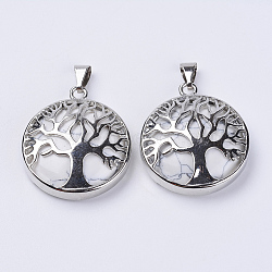 Natural Howlite Pendants, with Platinum Plated Brass Findings, Flat Round with Tree of Life, 31x27x8mm, Hole: 3.5x7mm(G-P350-D11)