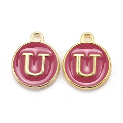 Golden Plated Alloy Enamel Charms, Cadmium Free & Lead Free, Enamelled Sequins, Flat Round with Letter, Camellia, Letter.U, 14x12x2mm, Hole: 1.5mm(ENAM-S118-08U)