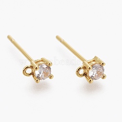 Brass Micro Pave Clear Cubic Zirconia Stud Earring Findings, with Silicone Ear Nuts, with Loop, Long-Lasting Plated, Flat Round, Real 18K Gold Plated, 5x3mm, Hole: 0.9mm, Pin: 0.8mm(ZIRC-L098-043G)