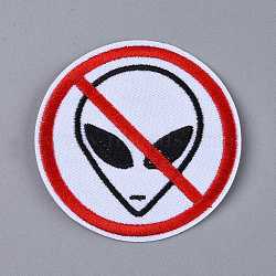 Computerized Embroidery Cloth Iron on/Sew on Patches, Costume Accessories, Prohibitory Sign, No Alien Face Red Round Sign, White, 72x2mm(DIY-I033-21B)