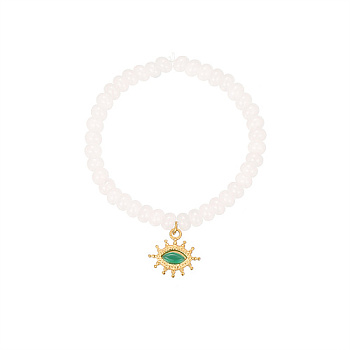 Natural White Jade Beaded Bracelets, with Stainless Steel Eye Pendants, Golden, Pendant: 17.4x18.2mm
