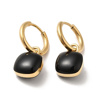 Enamel Square Padlock Dangle Hoop Earrings, Golden 304 Stainless Steel Jewelry for Women, Black, 24mm, Pin: 1mm