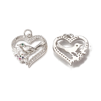 Brass Micro Pave Cubic Zirconia Bird Pendants, with Jump Ring, Heart with Magpie & Plum Blossom Charm, Platinum, 20.5x20x3mm, Hole: 3mm