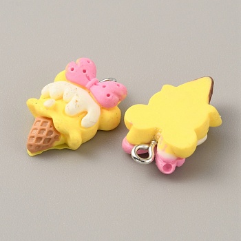 Opaque Resin Pendants, with Platinum Tone Iron Loops, Imitation Food, Ice Cream Charm, Yellow, 21x14x6.5mm, Hole: 2mm