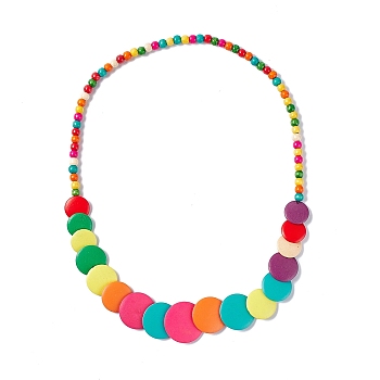 Wood Flat Round Beaded Necklace, Bohemia Jewelry for Women, Colorful, 32.28 inch(82cm)